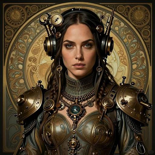 Digital artwork of a serious, pale-skinned woman with dark hair, wearing steampunk armor with gears and brass elements, set against an ornate