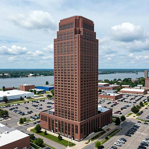 Photograph of a tall, red brick skyscraper with numerous windows, situated in a parking lot surrounded by smaller buildings and a river in the background under