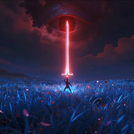 Fantasy Warrior with Glowing Sword under Giant Eye