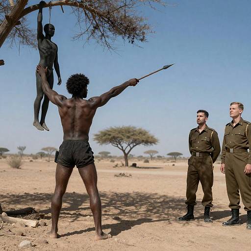 Man with spear confronting soldiers in desert