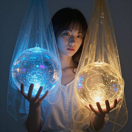 Photograph of a young woman with dark hair, wearing a white button-up shirt, holding two glowing, crystal-like orbs with transparent veils. One