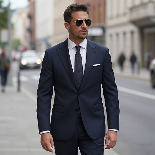 Photograph of a handsome, light-skinned man with short, dark hair and beard, wearing a black suit, white shirt, black tie, and