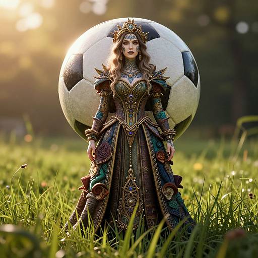 Photorealistic digital art of a regal woman with long brown hair, ornate golden crown, and elaborate medieval dress, standing in grassy field