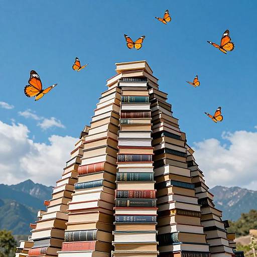 Photograph of a pyramid-shaped stack of colorful books topped with seven vivid orange butterflies against a bright blue sky and mountain backdrop.