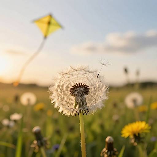 Close-up photograph of a white dandelion seed head in a sunlit, colorful meadow with blurred yellow flowers and a distant green flag.