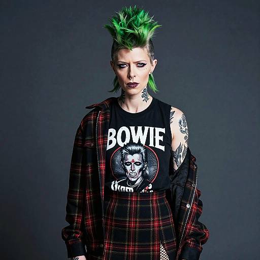 Photograph of a punk-style woman with green spiky hair, black and red plaid shirt, 