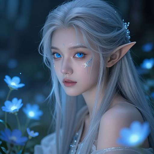 Digital art of a beautiful, ethereal elf woman with long silver hair, blue eyes, pointed ears, glowing blue flower-like marks on her face,