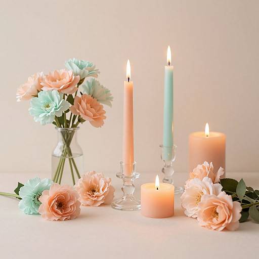 Photograph of a serene arrangement: pastel pink and turquoise candles, peach and light blue carnations, in a glass vase and holders, softly lit