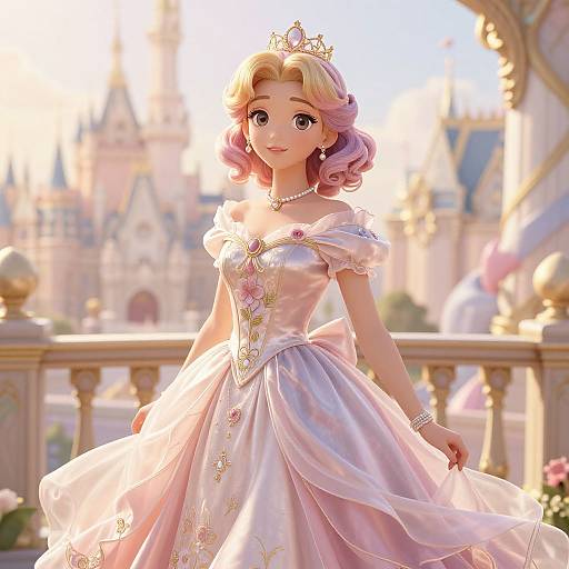 Digital illustration of a smiling, pink-haired princess in a pink satin gown with floral embroidery, tiara, and pearl necklace, standing in a sunlit