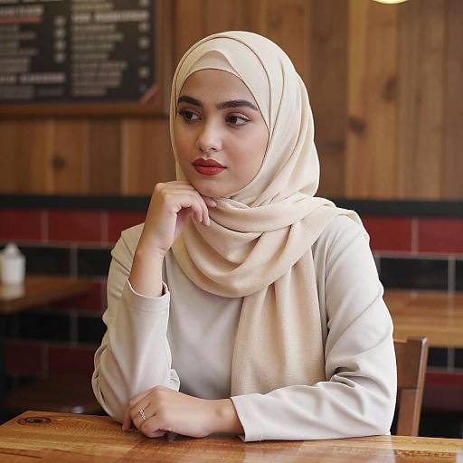 Thoughtful Woman in Beige Hijab