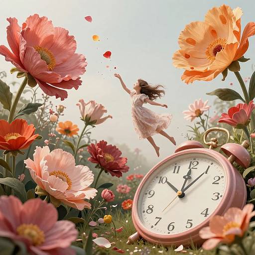 Digital artwork of a girl with flowing brown hair in a white dress, jumping amidst vibrant pink and orange flowers, with a pink alarm clock displaying 10