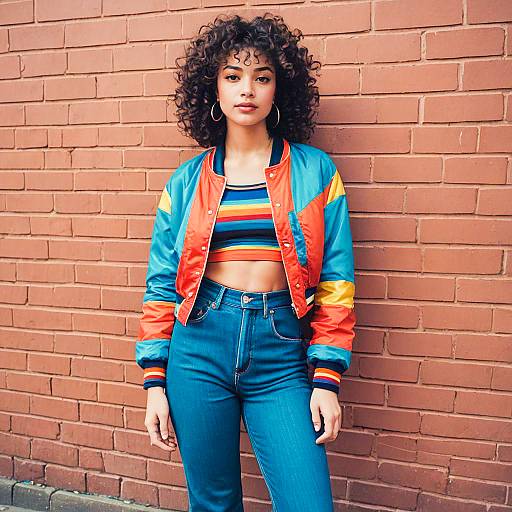 Young Woman in 70s Inspired Outfit Standing Against Brick Wall