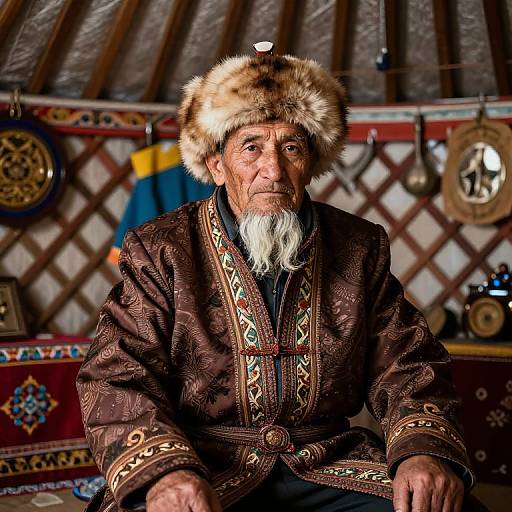 Photograph of an elderly man with a white beard, wearing a fur hat and ornate brown robe, sitting in a traditional, wooden-walled room