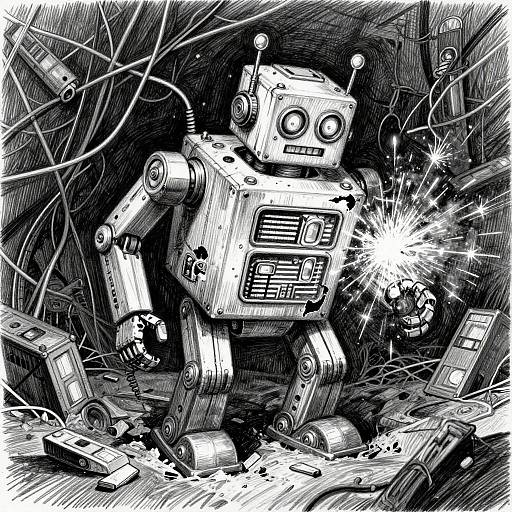 Haunting Drawing of Damaged 1960's Robot