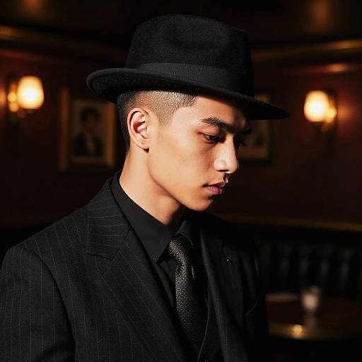Photograph of a young Asian man with a short buzzcut, wearing a black pinstripe suit, black shirt, and matching black fedora,