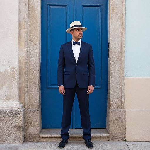 Photograph of a suave man in a black tuxedo, white shirt, black bow tie, and white fedora, standing before a vibrant
