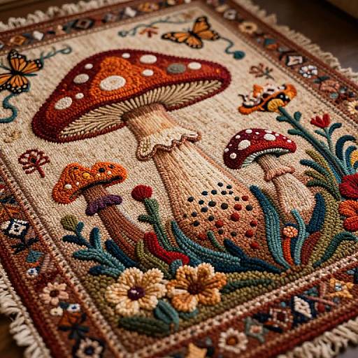 Colorful embroidery of mushrooms with red spots, surrounded by flowers, butterflies, and intricate border, featuring detailed textures and vibrant threads.