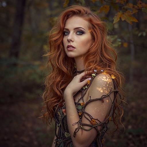 Photograph of a fair-skinned, red-haired woman with wavy hair and green eyes, wearing a nature-inspired, vine-embellished top