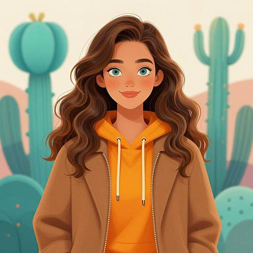 Digital illustration of a smiling young woman with wavy brown hair, green eyes, wearing an orange hoodie and brown jacket, set against a colorful cactus