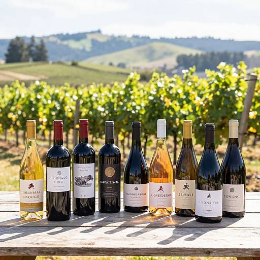 Photograph of seven wine bottles with various labels, arranged on a wooden table, with sunlit vineyard and rolling hills in the background.