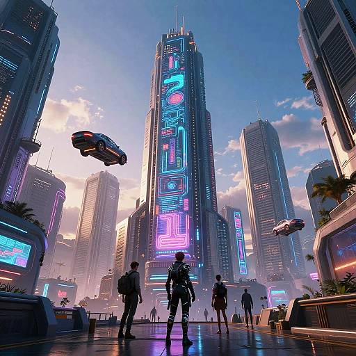 Neon-lit futuristic cityscape with flying cars, towering skyscrapers, and glowing digital billboards. Silhouetted figures walk in the