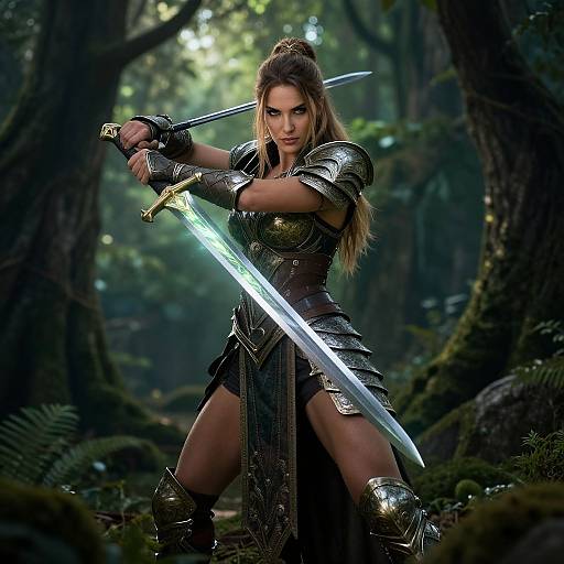 Digital artwork of a fierce, blonde woman in ornate silver armor, wielding a glowing sword in a dense, forested, moonlit setting.