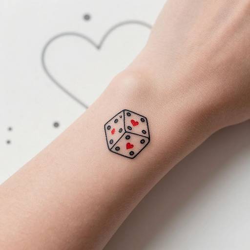 Photograph of a wrist with a small, black-inked tattoo of a six-sided die showing one red heart and five black dots. Background is