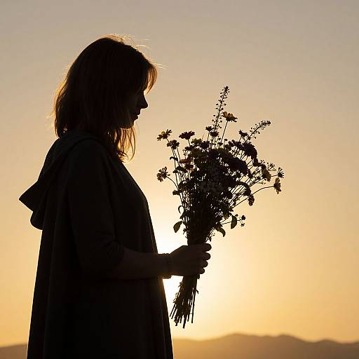 Silhouetted woman holding wildflower bouquet against a golden sunset, wearing a dark, flowing garment. Sunlight highlights her profile, creating a serene