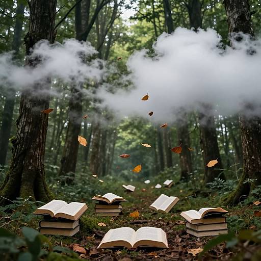 Photograph of enchanted forest with open books floating in air, surrounded by thick trees, white mist, and falling autumn leaves.
