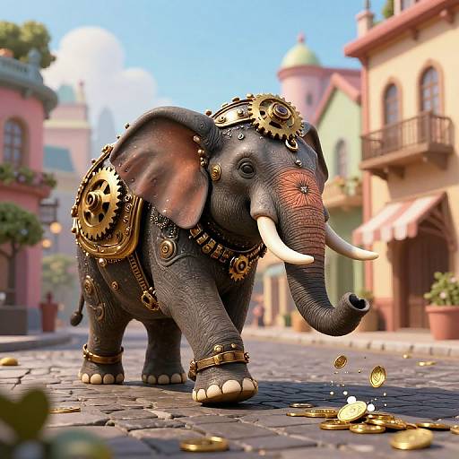 Digital artwork of a steampunk-style elephant with gears and gold coins, standing on a cobblestone street in a colorful, whimsical town.