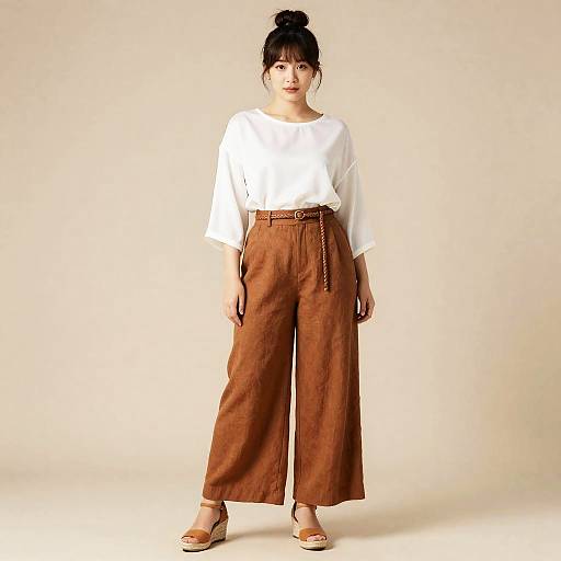 Young Asian Woman in Caramel Wide-Leg Pants