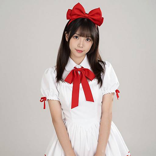 Photograph of an Asian woman with long black hair, wearing a white dress with red bows, and a large red bow headpiece, against a plain