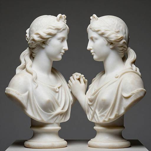 Photograph of two white marble busts of classical-style women facing each other, holding hands, with detailed hair and draped clothing.