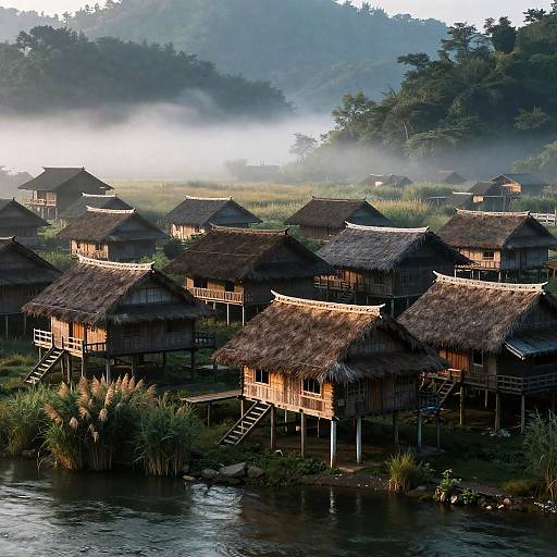 Traditional Stilt Village in Misty River Valley