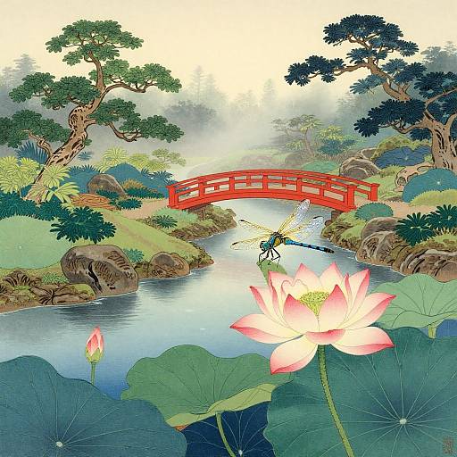 Digital illustration of a serene Japanese garden with a red bridge, lotus flowers, a dragonfly, and lush greenery.
