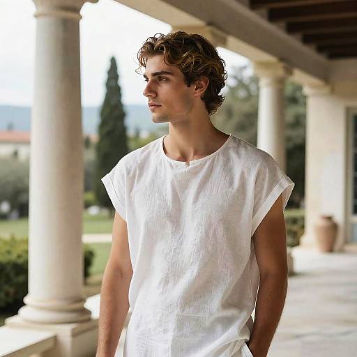 Young Man with Grecian Updo on Marble Veranda