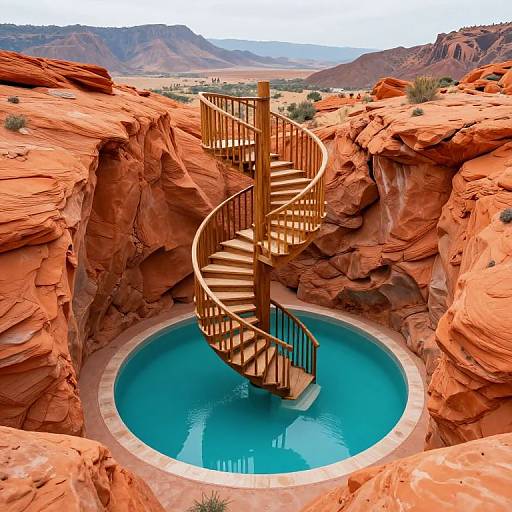 Spiraling Wooden Stairs Above Turquoise Pool