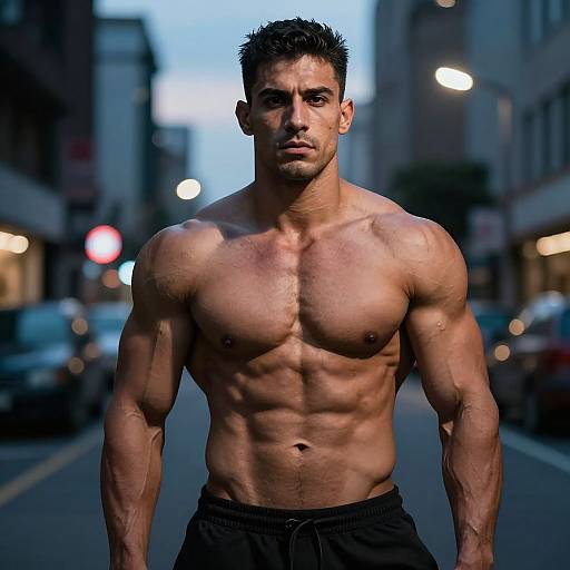 Photograph of a muscular, shirtless, tan-skinned man with short black hair standing on a dimly lit urban street at dusk.