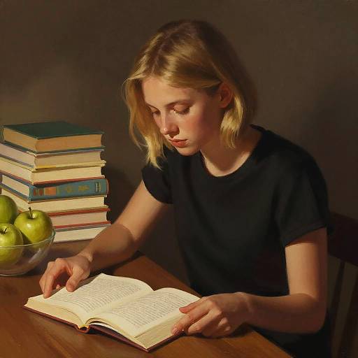 Photograph of a blonde girl in a black shirt reading an open book at a wooden table, with a stack of books and green apples on the left