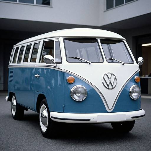 Photograph of a classic blue and white Volkswagen Type 2 van, front-facing, parked in a modern, grey-toned urban setting.