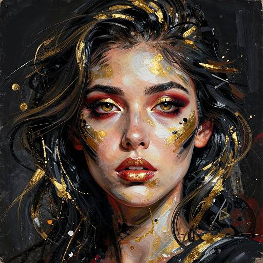 Digital painting of a striking woman with glowing gold accents on her face, dark wavy hair, intense red eyeshadow, and serious expression, set