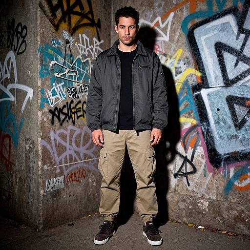 Photograph of a bearded man with short black hair, wearing a black jacket, black shirt, beige cargo pants, and black sneakers, standing against