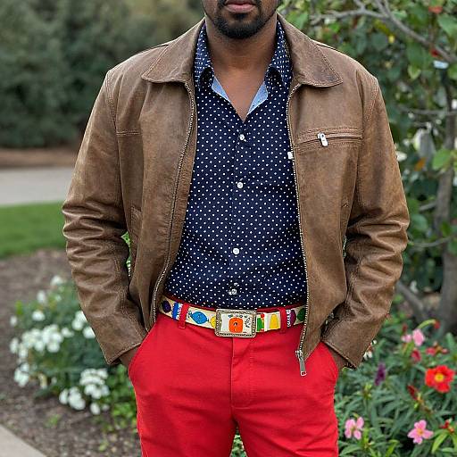 Photograph of a bearded man in a brown leather jacket, navy polka-dot shirt, bright red pants, and colorful belt, standing in a