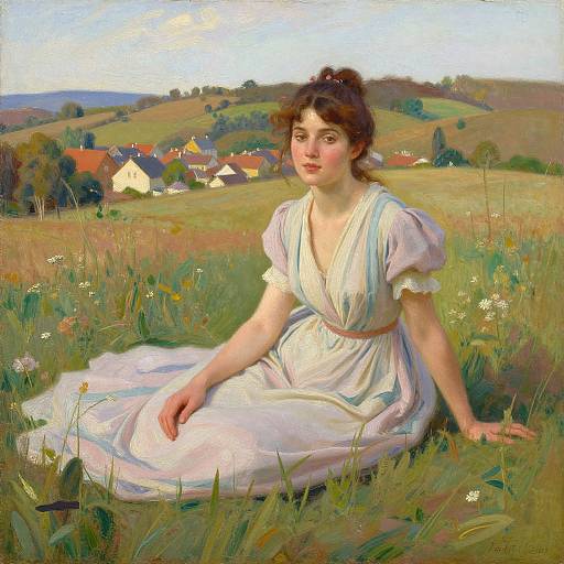Painting of a fair-skinned woman with brown hair in a white dress, seated in a grassy field with rural houses in the background. Real