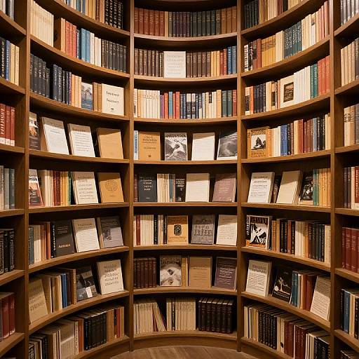 Photograph of a curved wooden bookshelf filled with colorful, neatly arranged books and book jackets, creating a warm, inviting library atmosphere.