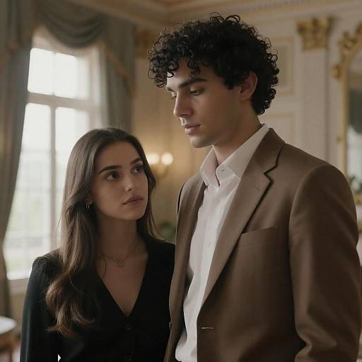 Photograph of a young couple in an elegant room; brunette woman in black, curly-haired man in brown blazer and white shirt, soft daylight,