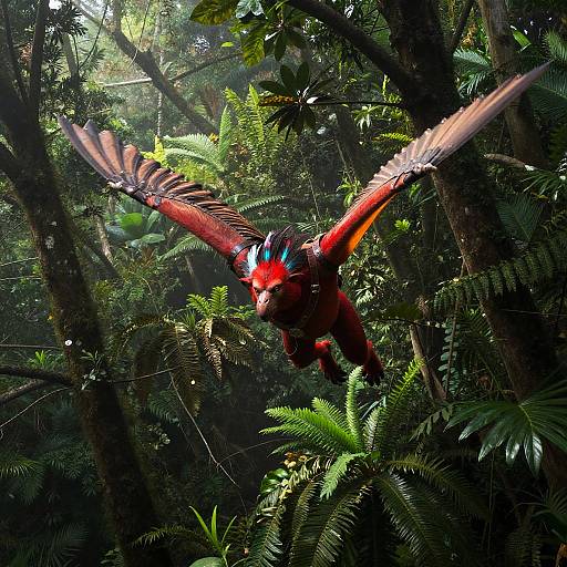 Photograph of a vibrant, red and black bird with large wings soaring through a dense, sunlit jungle, surrounded by lush green ferns and trees