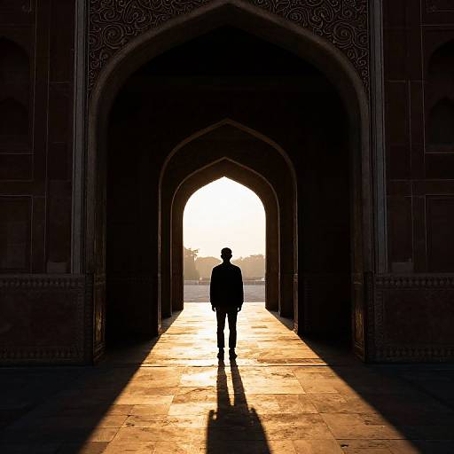 Silhouetted man stands in ornate, archway-laden stone passageway, sunlight streaming through, casting long shadow, intricate architectural details