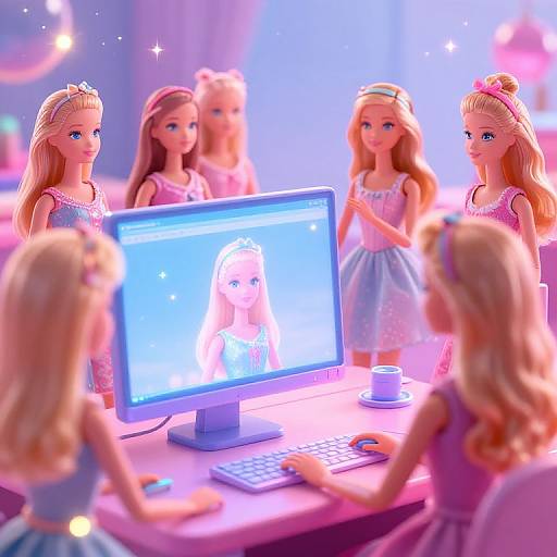 Photorealistic CGI image of six blonde dolls with blue eyes, wearing pink and purple dresses, gathered around a computer screen displaying another doll. Soft,