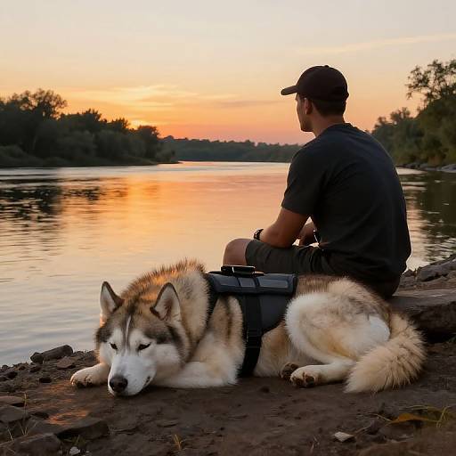 Photograph: Man in black cap and t-shirt sits on rocky shore at sunset, beside a resting husky wearing a black harness, beside a calm